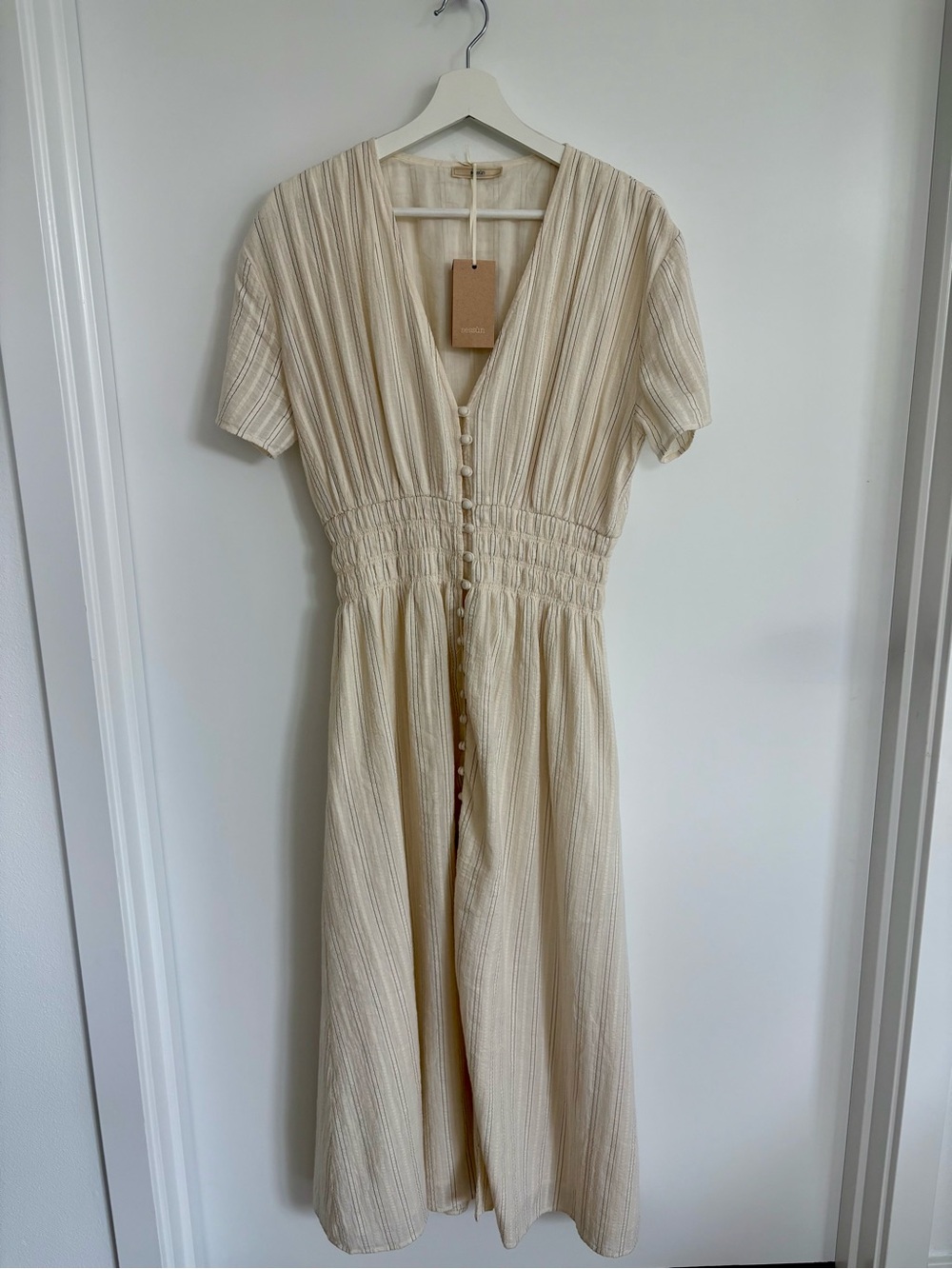 Sessun Cream Button-Front Midi Cotton Dress with Smocked Waist